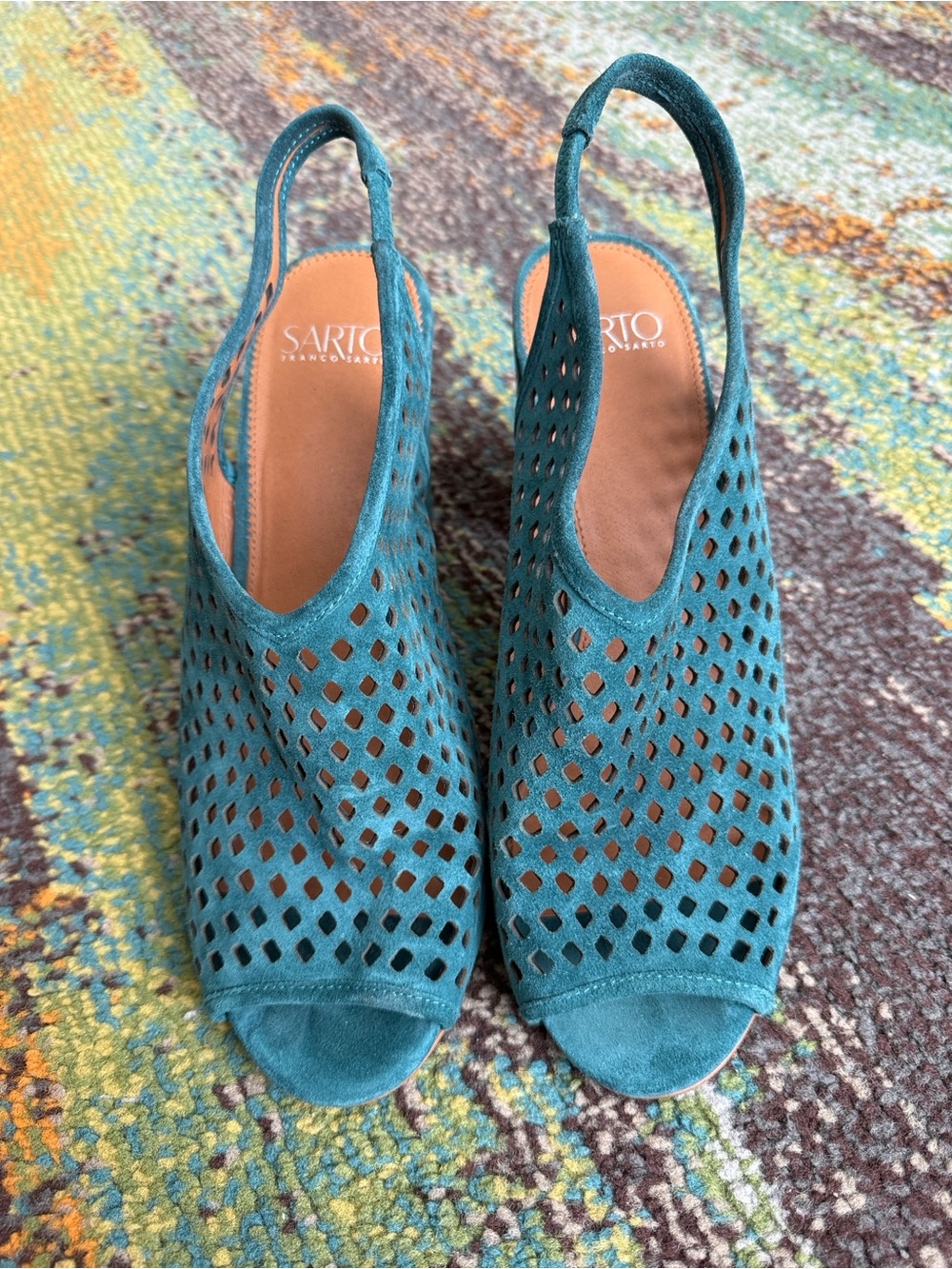 Franco Sarto Teal Perforated Suede Slingback Mules